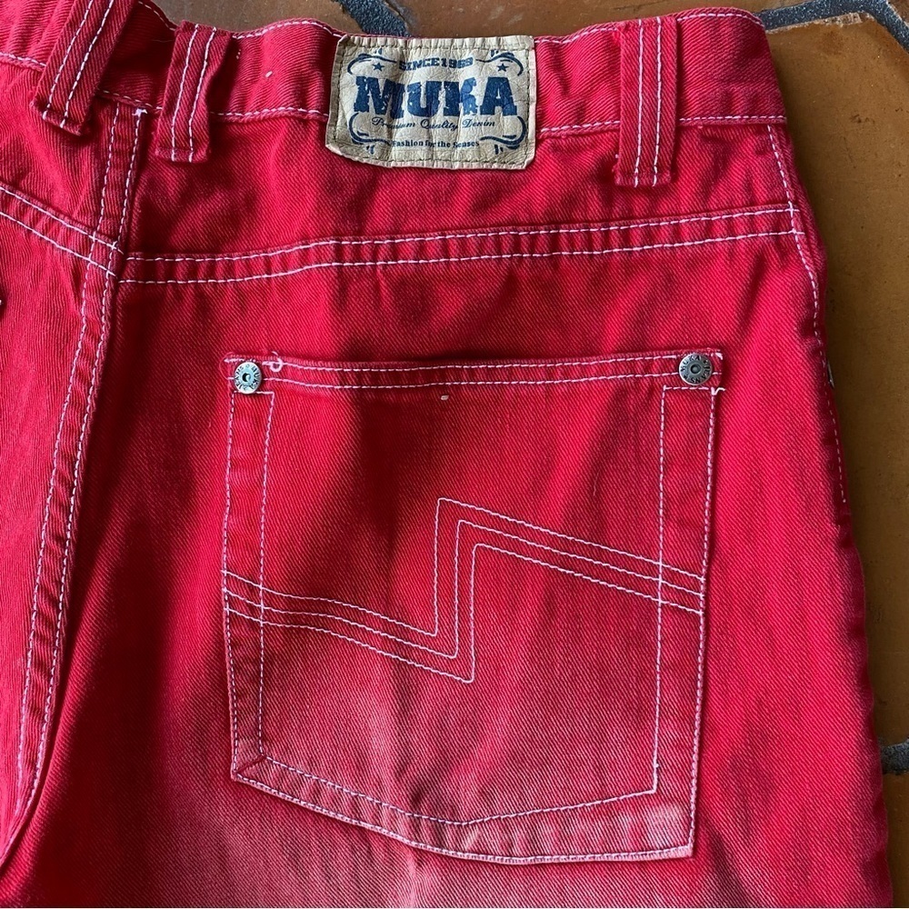 Muka Mukawear Red Distressed Wide Leg Embroidered Jeans Size 38 X 30 View 3